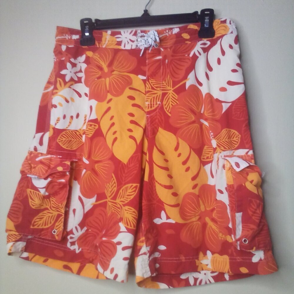 Lands' End Swim Trunks Boys L 14H 16H Cargo Pockets Floral Red Orange